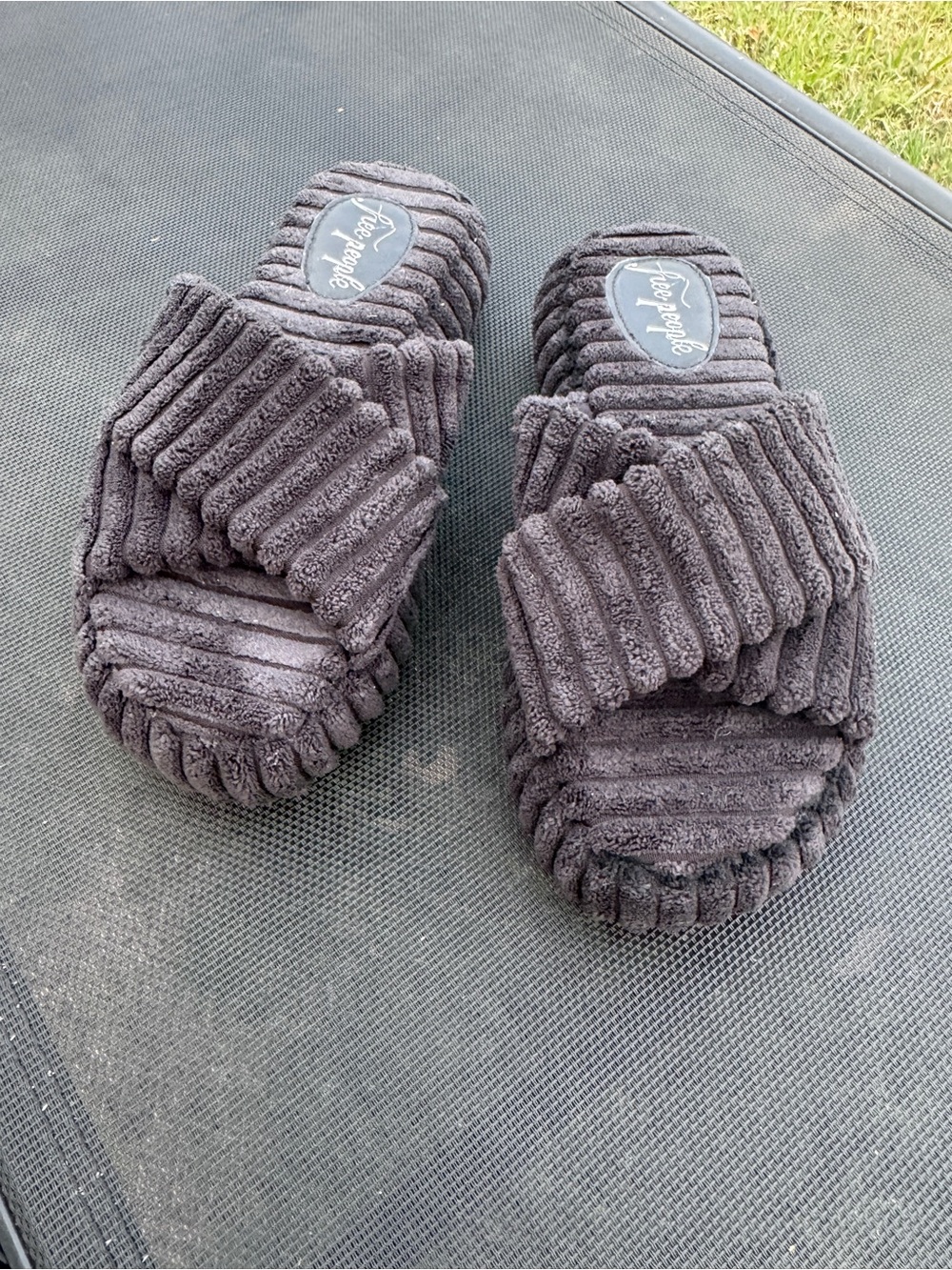 Free People Ribbed Plush Slide Slippers in Charcoal Gray